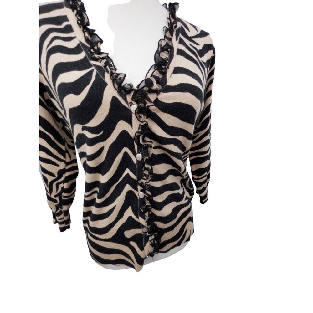 WR zebra print sweater ruffled detail with silver button